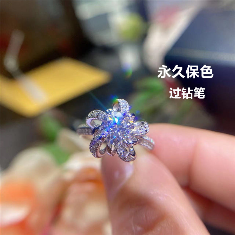 Floral Moissanite Ring for Women, Halo Engagement Ring Style, Lotus Flower Statement Ring