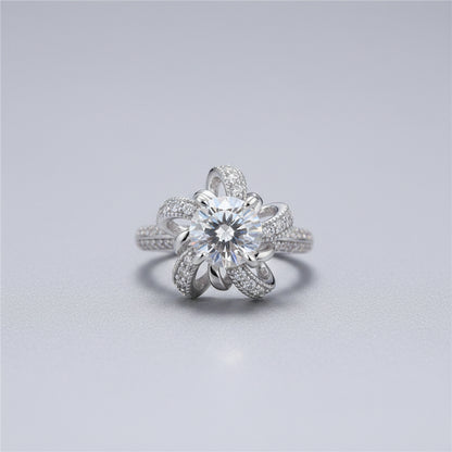 Floral Moissanite Ring for Women, Halo Engagement Ring Style, Lotus Flower Statement Ring