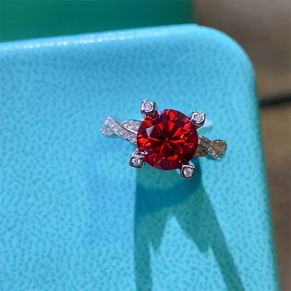 2 Carat Pigeon Blood Red Moissanite Ring for Women, Round Cut Twist Band Ring