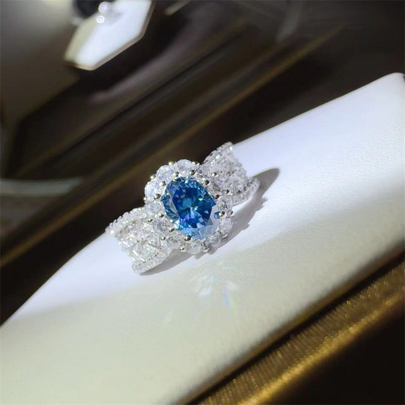 Blue Moissanite Halo Ring for Women, 1 Carat Oval Statement Engagement Ring, Geometric Pave Band product image