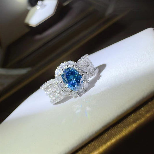 Blue Moissanite Halo Ring for Women, 1 Carat Oval Statement Engagement Ring, Geometric Pave Band