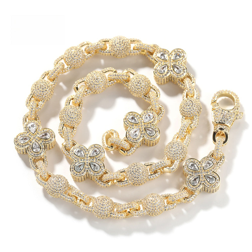 Iced Four-Leaf Clover Cubic Zirconia Chain Necklace Bracelet Set for Women & Men, Gold Plated and Silver Plated Statement Jewelry