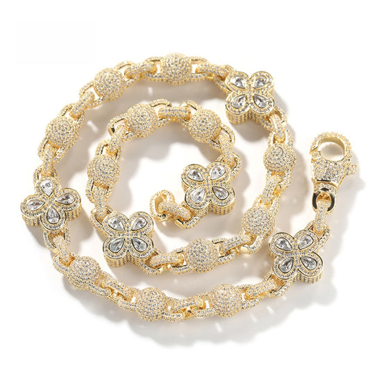 Iced Four-Leaf Clover Cubic Zirconia Chain Necklace Bracelet Set for Women & Men, Gold Plated and Silver Plated Statement Jewelry