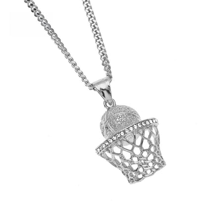 Iced Basketball Hoop Pendant Necklace with 3mm Stainless Steel Cuban Chain for Women & Men