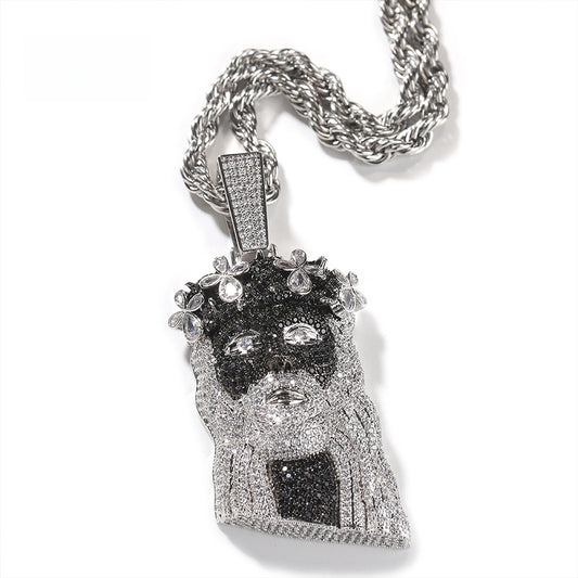Silver Black Crown Portrait Pendant Necklace with Cubic Zirconia Twisted Chain Statement Jewelry