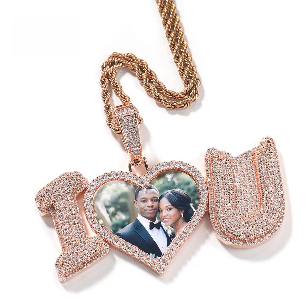 Iced Custom Letter Photo Pendant Necklace for Men with Cubic Zirconia Rope Chain