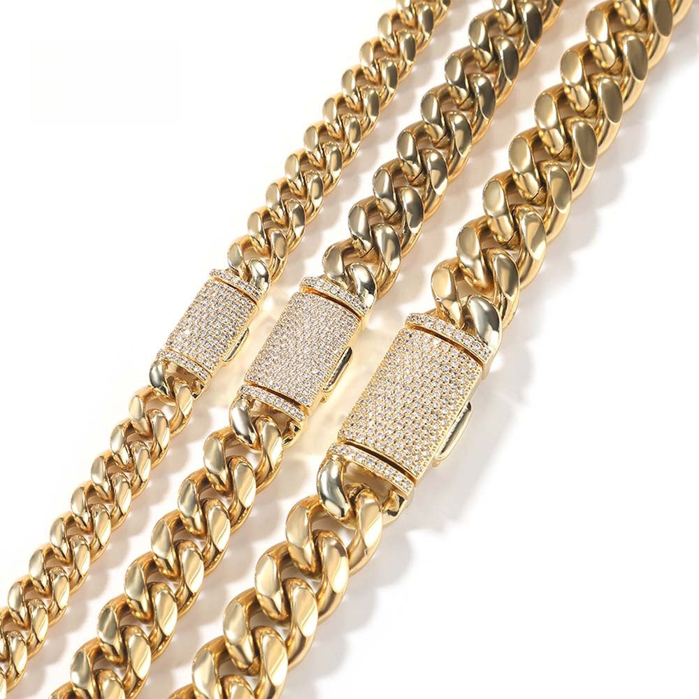 Iced Cuban Link Chain Necklace & Bracelet in Stainless Steel with Cubic Zirconia Clasp - Unisex Hip Hop Statement Jewelry