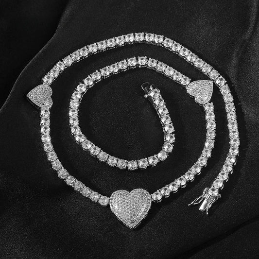 Unisex Heart Pendant Cubic Zirconia Tennis Chain Necklace in Gold or Silver, 16/18/20 Inch Statement Jewelry
