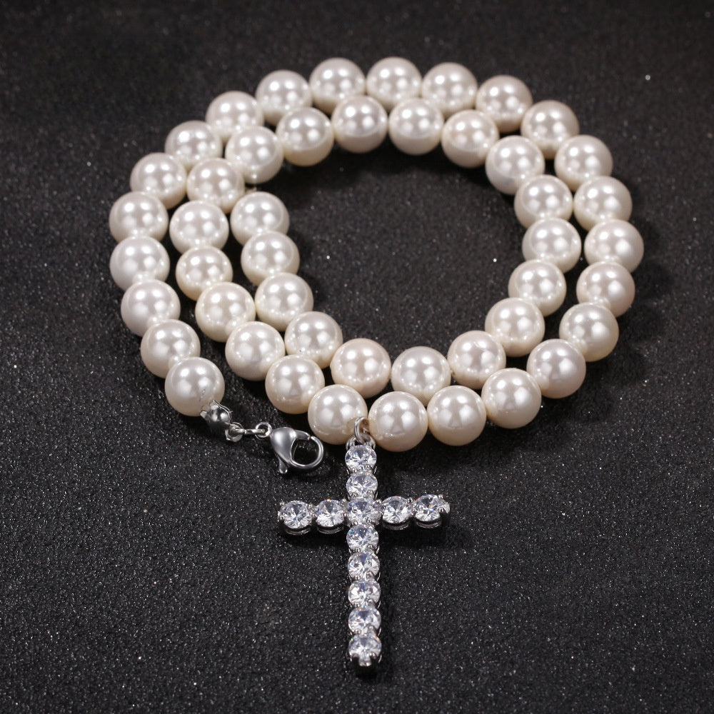 Unisex Pearl Beaded Necklace with Cubic Zirconia Cross Pendant, Hip Hop Statement Chain