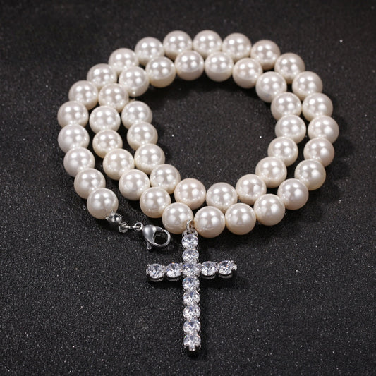 Unisex Pearl Beaded Necklace with Cubic Zirconia Cross Pendant, Hip Hop Statement Chain