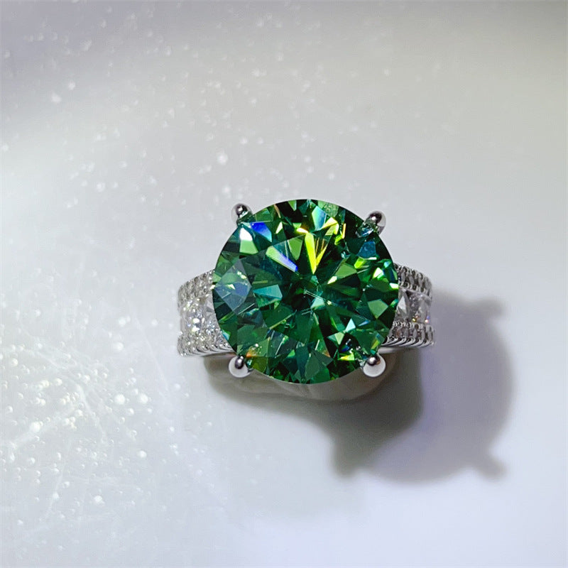 Green Moissanite Ring with Triple Row Pavé Band, U-Shape Statement Engagement Ring product image