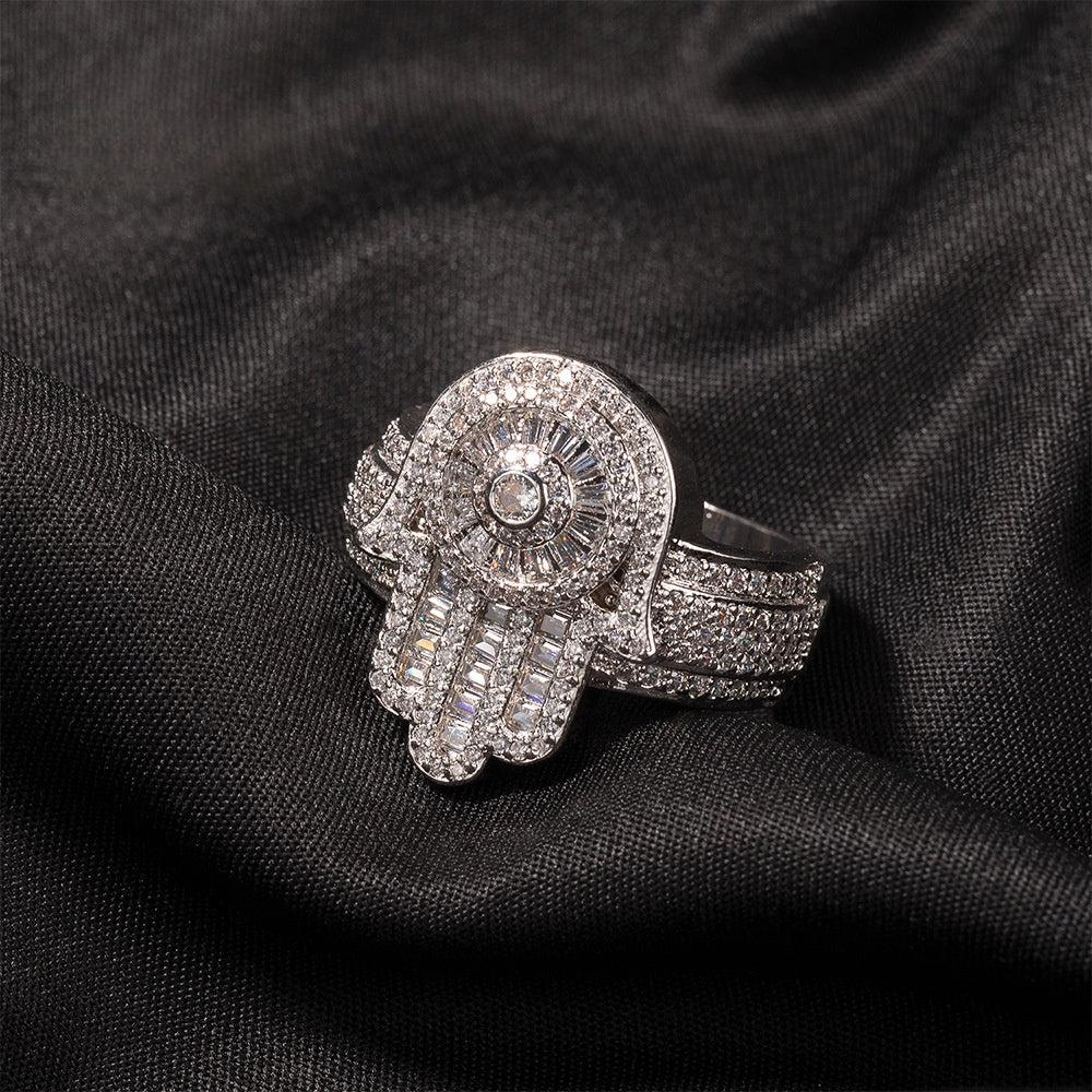 Men’s Iced Cubic Zirconia Statement Ring in Gold or Silver Tone – Hip Hop Hamsa Hand Band, Sizes 8-11