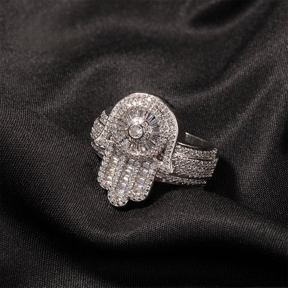Men’s Iced Cubic Zirconia Statement Ring in Gold or Silver Tone – Hip Hop Hamsa Hand Band, Sizes 8-11
