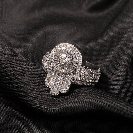 Men’s Iced Cubic Zirconia Statement Ring in Gold or Silver Tone – Hip Hop Hamsa Hand Band, Sizes 8-11