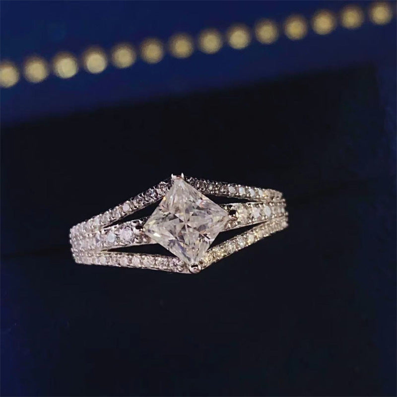 Princess Cut Moissanite Ring for Women, Split Shank Pavé Engagement Ring, U Shape Promise Ring product image