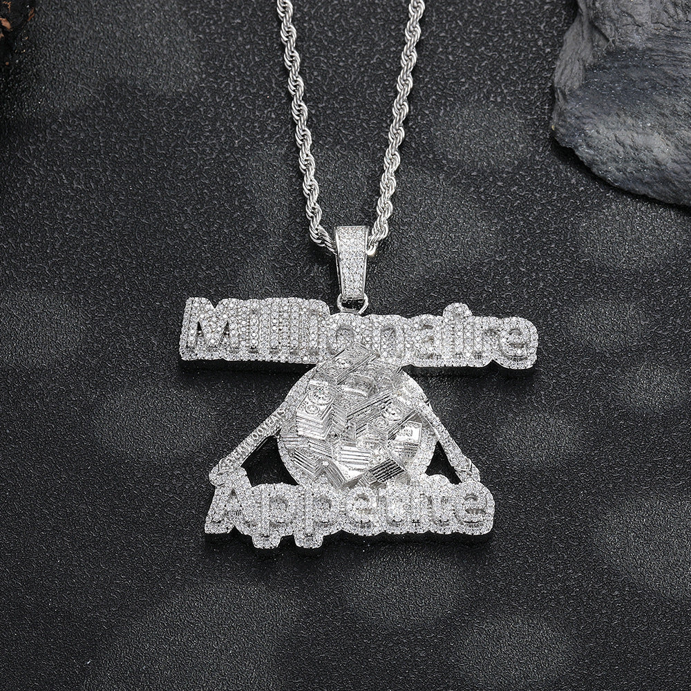 Iced Out Asymmetric Geometric Pendant Necklace, Copper Zircon Rope Chain Hip Hop Statement Jewelry