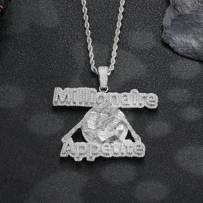 Iced Out Asymmetric Geometric Pendant Necklace, Copper Cubic Zirconia Rope Chain Hip Hop Statement Jewelry
