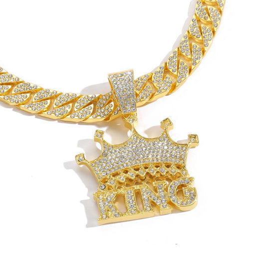 Hip Hop Crown Letter Cuban Link Alloy Pendant Necklace for Men and Women