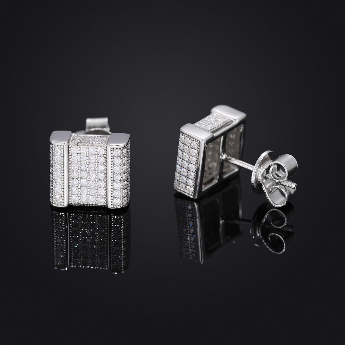 Unisex Iced Out Geometric Stud Earrings in Silver Tone with Moissanite Accent product image