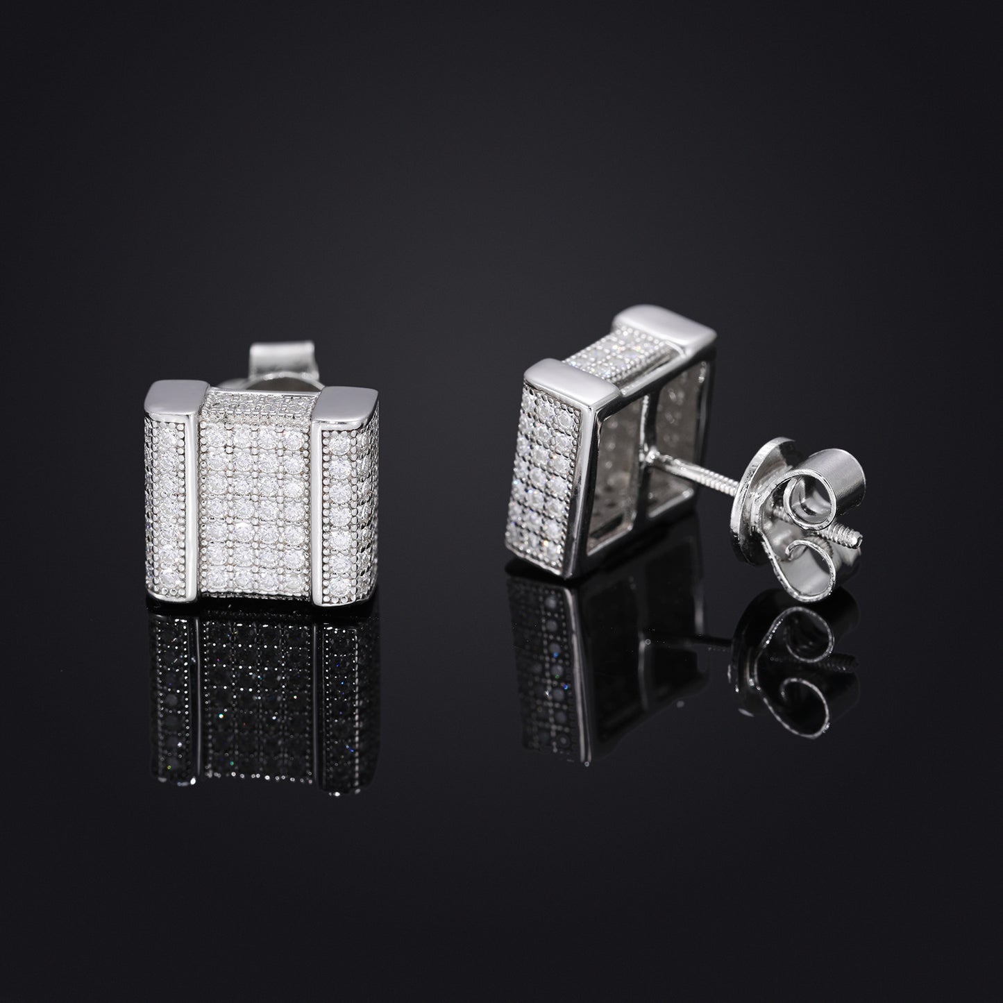 Unisex Iced Out Geometric Stud Earrings in Silver Tone with Moissanite Accent product image