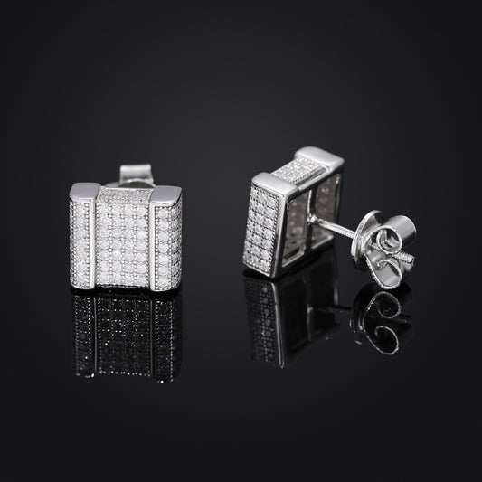 Unisex Iced Out Geometric Stud Earrings in Silver Tone with Moissanite Accent product image