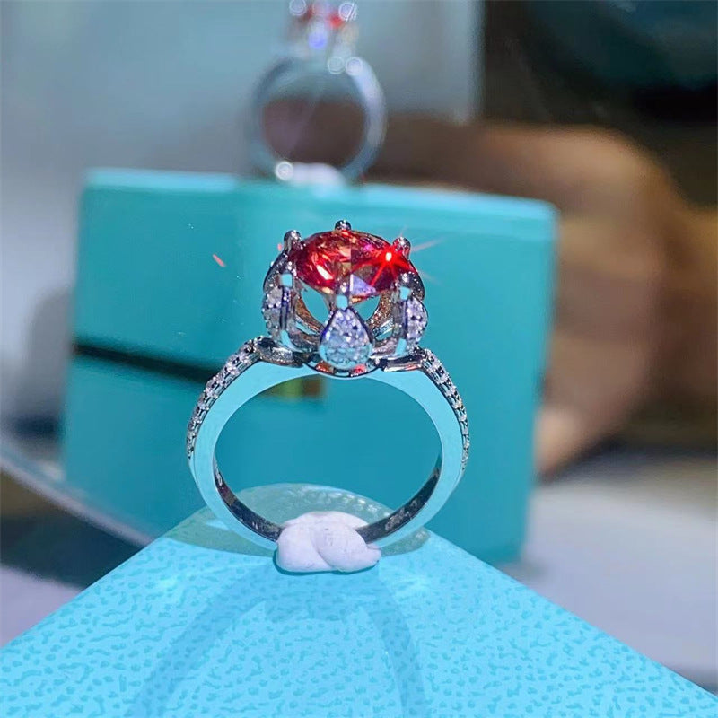 Red Moissanite Halo Ring for Women, Floral Pave Band Statement Ring, Gift Ring Sizes 8-20 product image