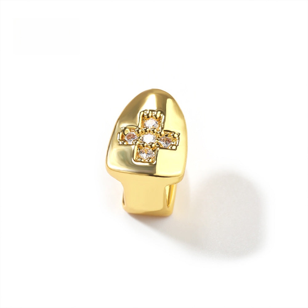 Hip Hop Cross Tooth Cap with Cubic Zirconia for Men & Women – Gold Plated or Silver Plated Statement Grill Accessory