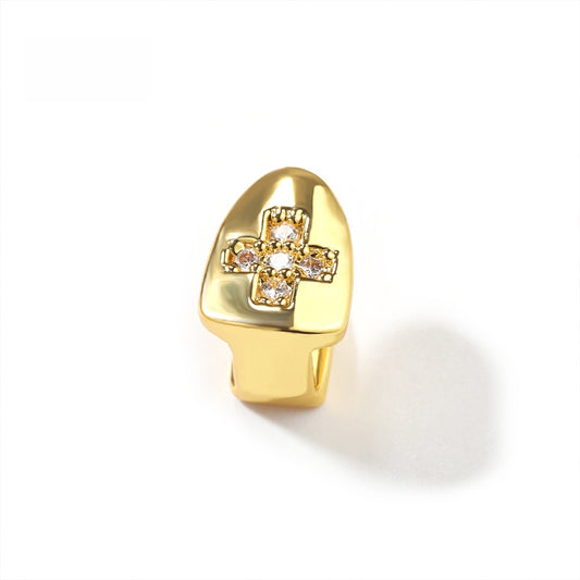 Hip Hop Cross Tooth Cap with Cubic Zirconia for Men & Women – Gold Plated or Silver Plated Statement Grill Accessory