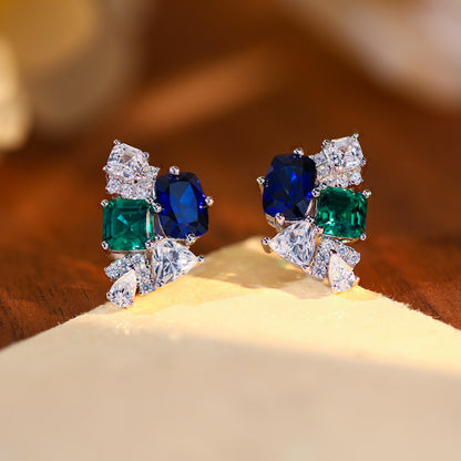 Green and Royal Blue Stone Stud Earrings for Women, S925 Silver, 18K Gold Plated
