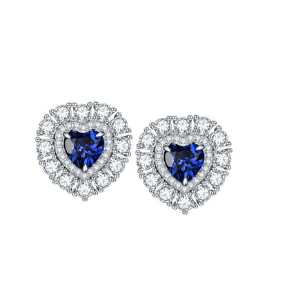 Blue Heart Stud Earrings for Women, Created Sapphire Halo Earrings