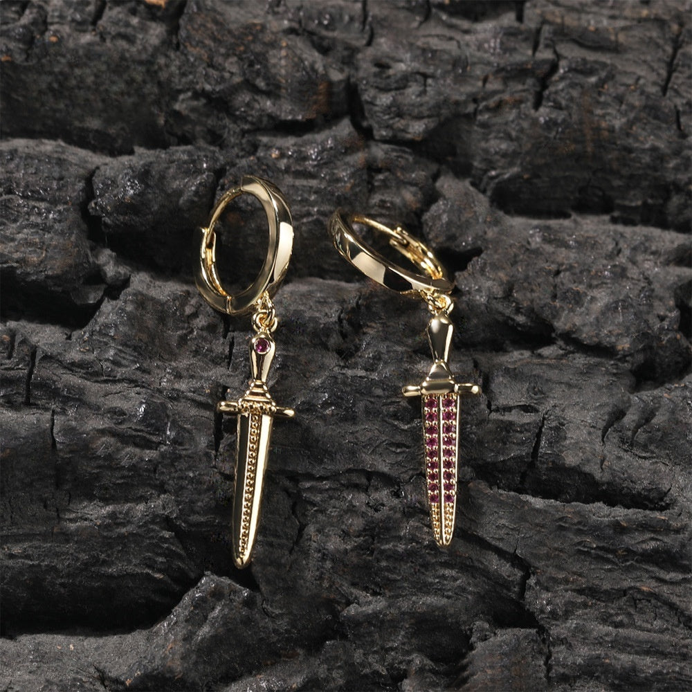 Unisex Hip Hop Dagger Hoop Earrings with Cubic Zirconia Accents in Gold and Silver Tone product image