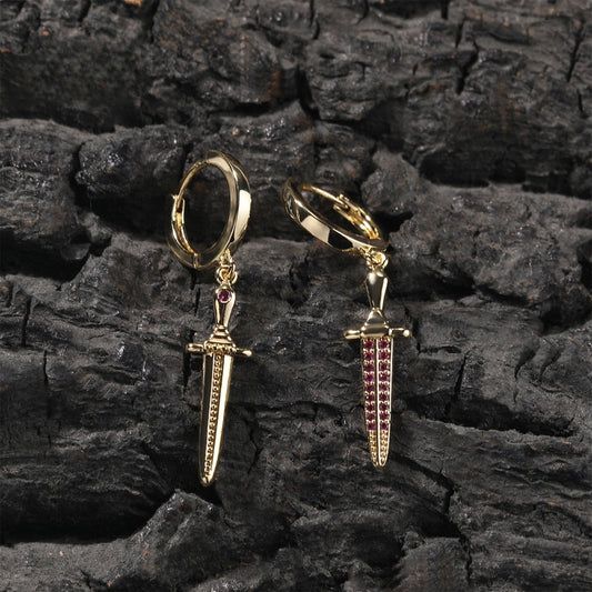 Unisex Hip Hop Dagger Hoop Earrings with Zircon Accents in Gold and Silver Tone