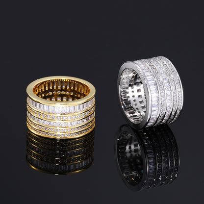 Iced Out 5-Row Zircon Band Ring for Men and Women, Geometric Hip Hop Statement Ring