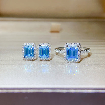 Blue Emerald-Cut Moissanite Ring and Stud Earrings Set, Halo Jewelry Set for Women