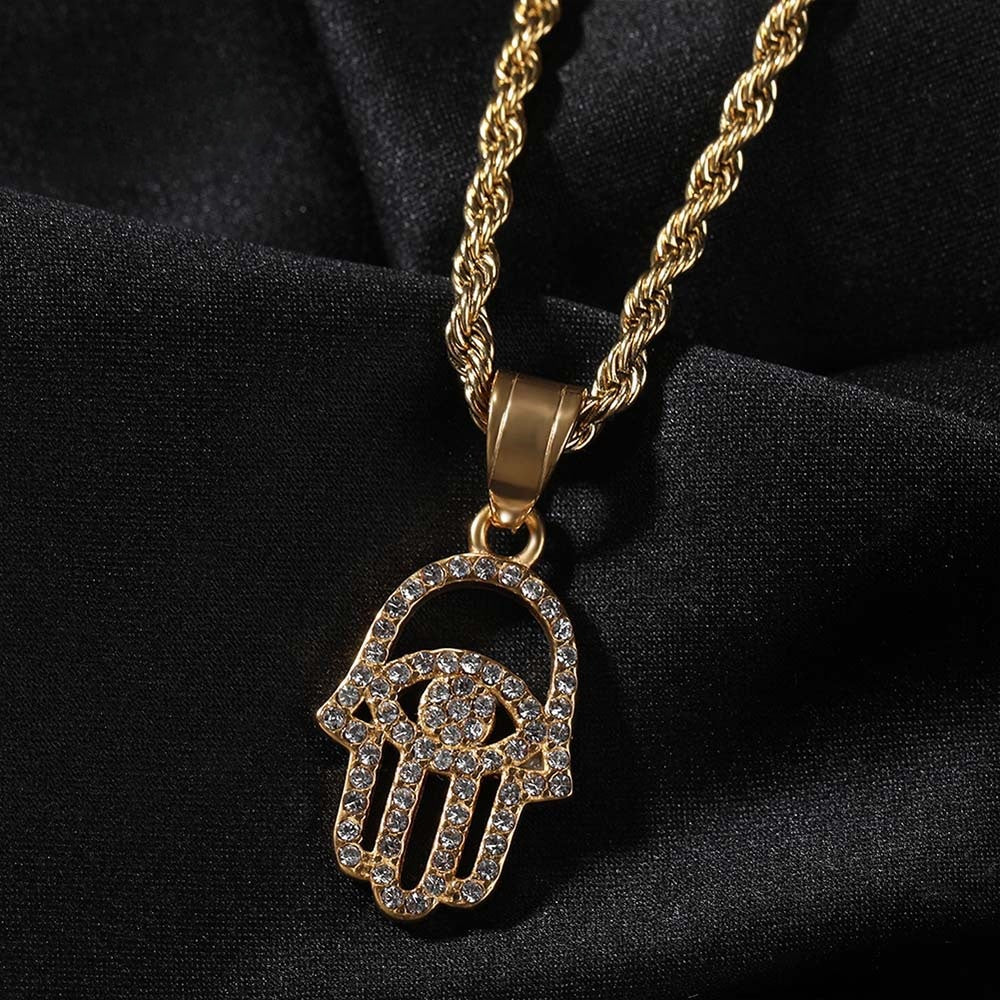 Gold Stainless Steel Irregular Hand Pendant Necklace with crystal detail Hip Hop Chain for Women product image