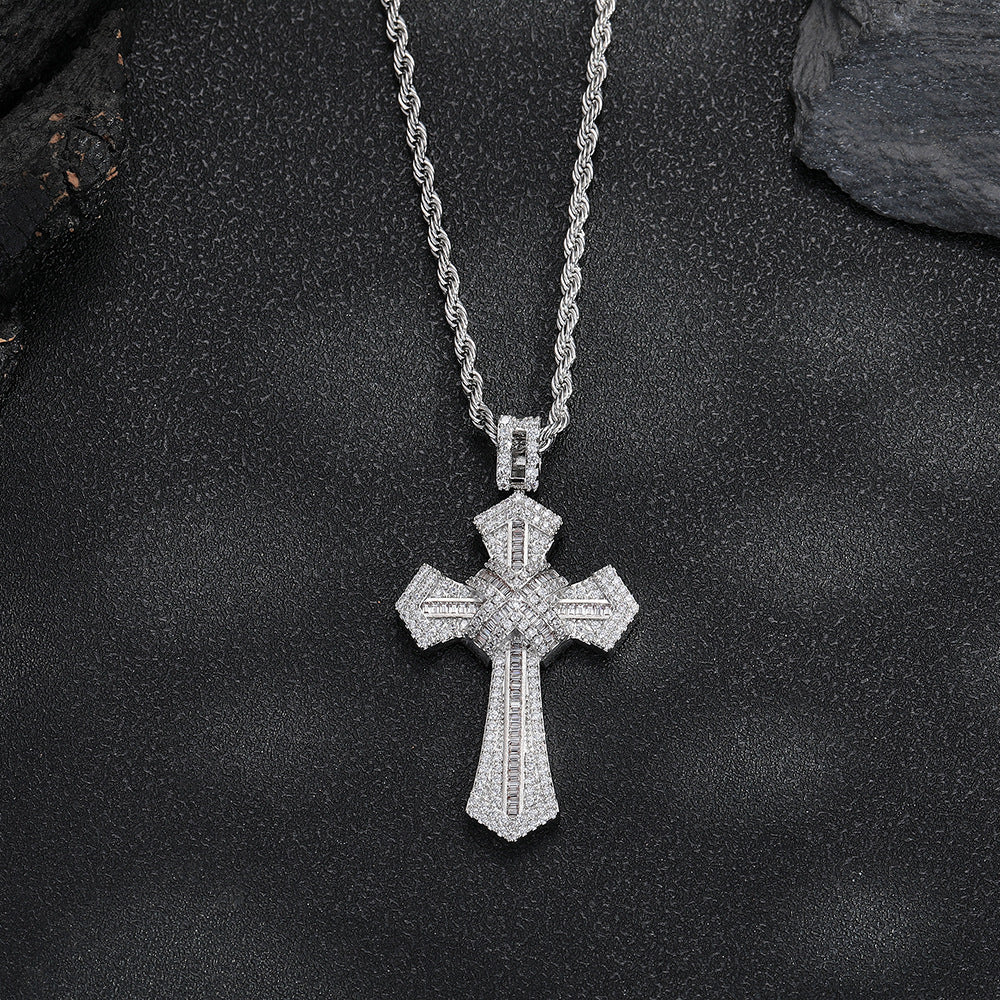 Cross Pendant Rope Chain Necklace, Zircon Inlay, Unisex Street Style