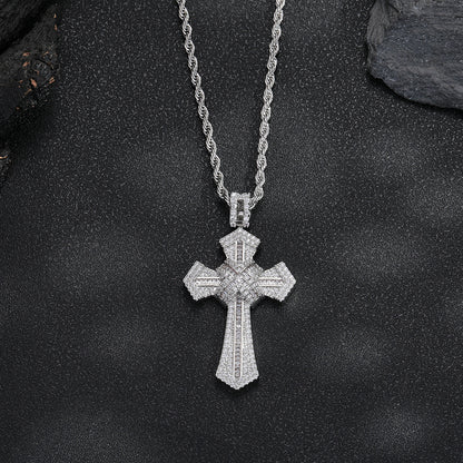 Cross Pendant Rope Chain Necklace, Cubic Zirconia Inlay, Unisex Street Style