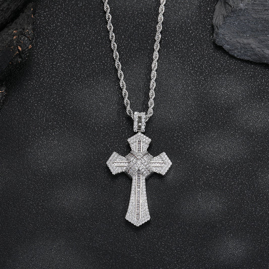 Cross Pendant Rope Chain Necklace, Zircon Inlay, Unisex Street Style