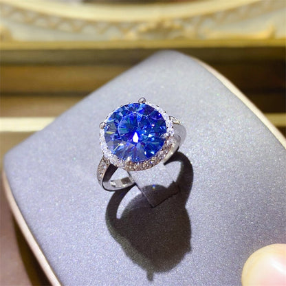 Blue Moissanite Halo Ring for Women, Round Cut Engagement Ring, 1 Carat 2 Carat 3 Carat 5 Carat Promise Ring