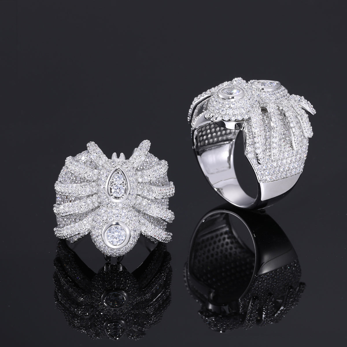 Iced Out Spider Ring for Men and Women, Zirconia Hip Hop Statement Band, White Tone Animal Ring Size 8-12 product image