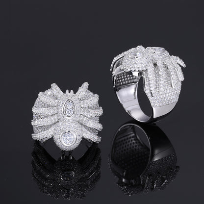 Iced Out Spider Ring for Men and Women, Zirconia Hip Hop Statement Band, White Tone Animal Ring Size 8-12