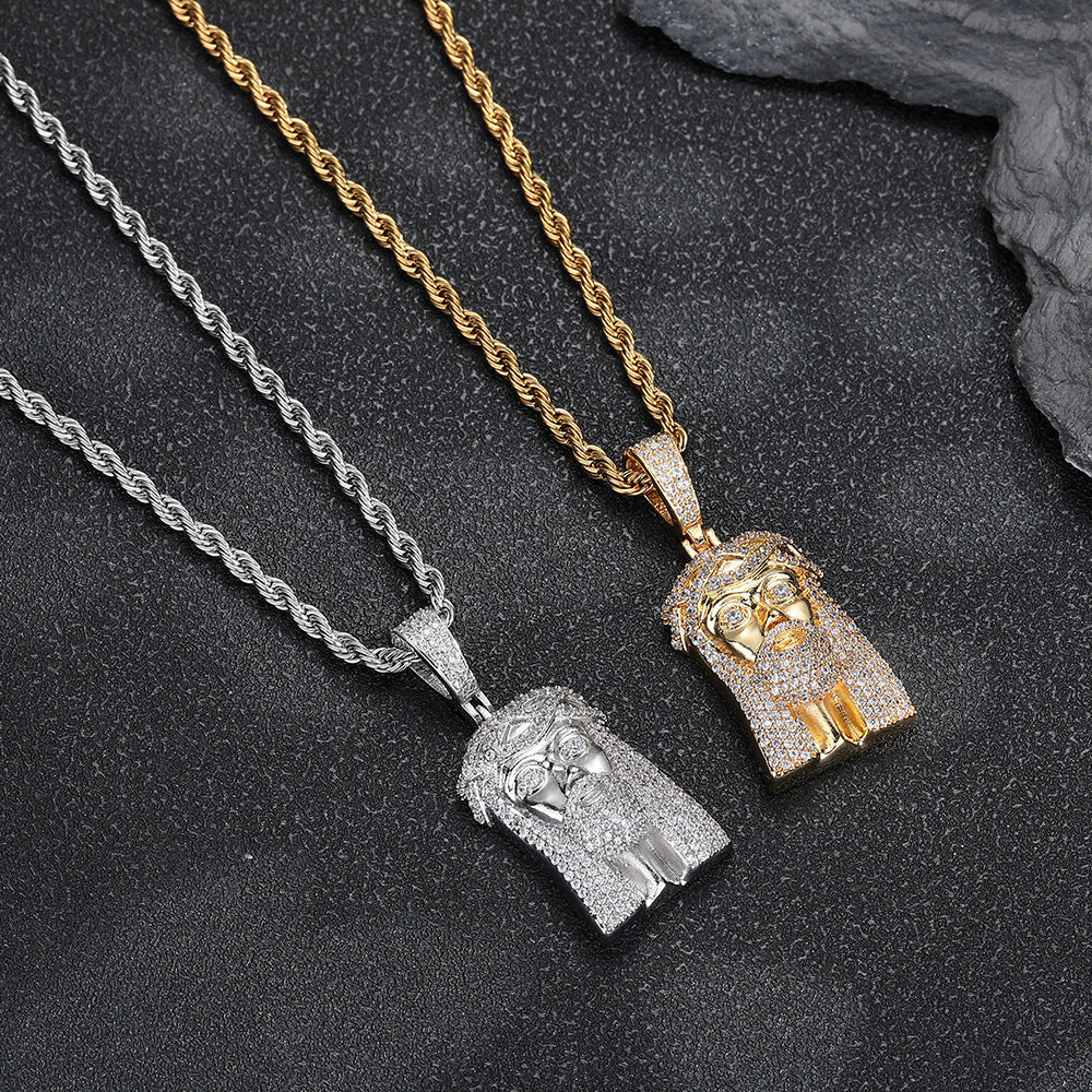 Jesus Face Pendant Rope Chain Necklace for Men, Iced Out Hip Hop Jewelry