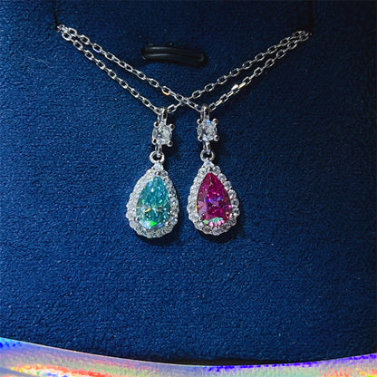 Teardrop Halo Pendant Necklace with Chain, Pink or Green Stone Drop Necklace for Women