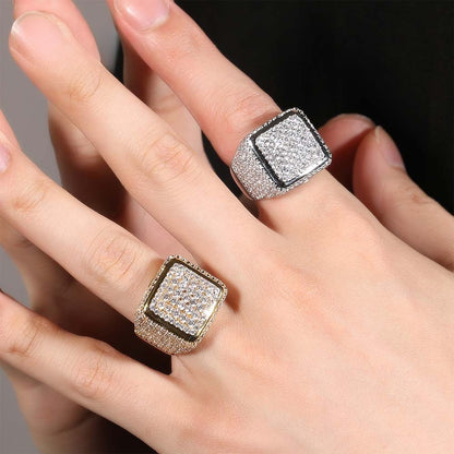 Gold and silver square center CZ rings worn on hand