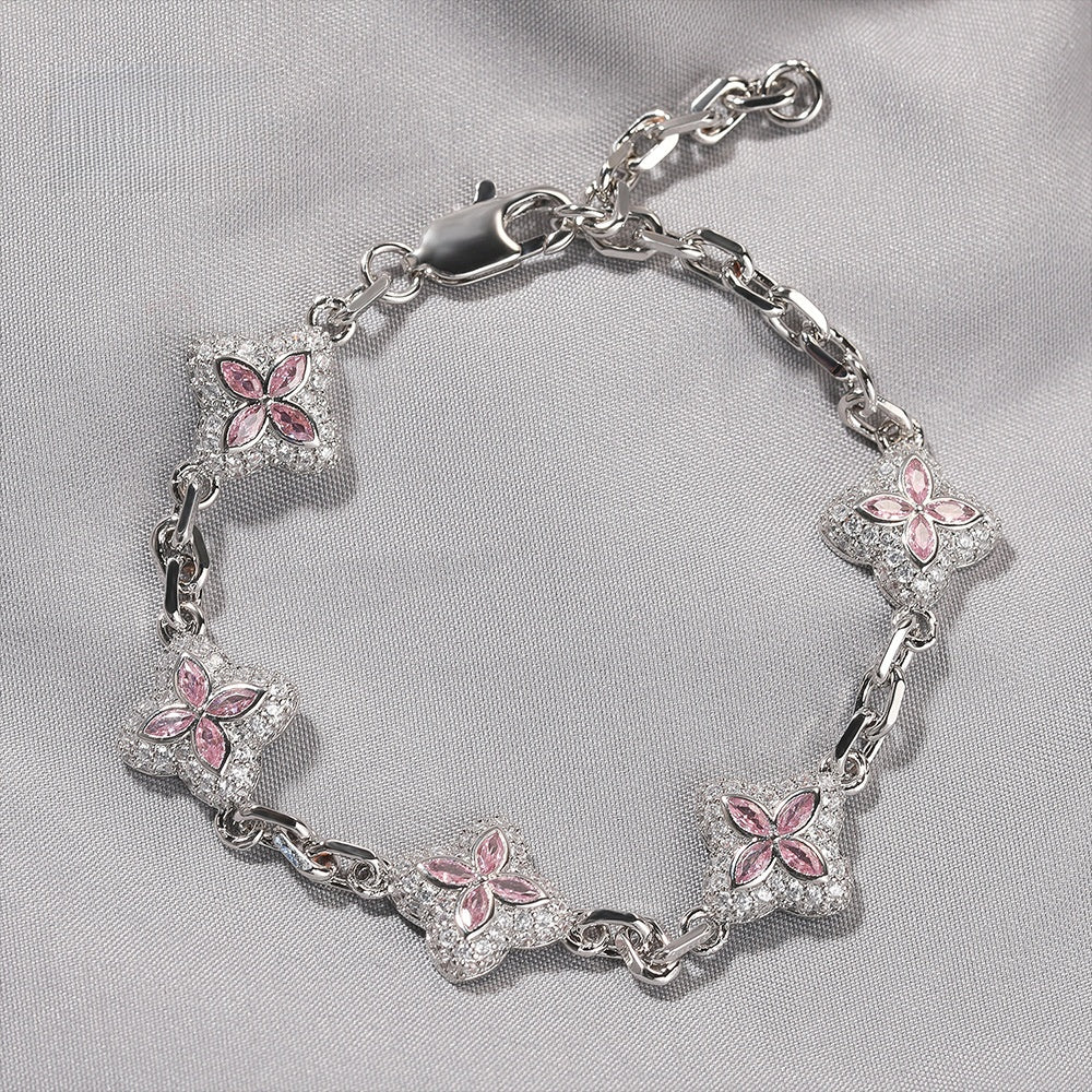 Silver Tone Four Leaf Clover Bracelet Necklace Set with Cubic Zirconia, Adjustable Unisex Statement Chain Jewelry