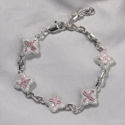 Silver Tone Four Leaf Clover Bracelet Necklace Set with Cubic Zirconia, Adjustable Unisex Statement Chain Jewelry