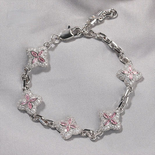 Silver Tone Four Leaf Clover Bracelet Necklace Set with Cubic Zirconia, Adjustable Unisex Statement Chain Jewelry