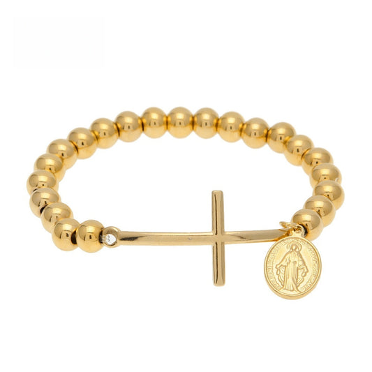 Gold Plated Stainless Steel Cross Beaded Bracelet with Round Charm for Women & Men