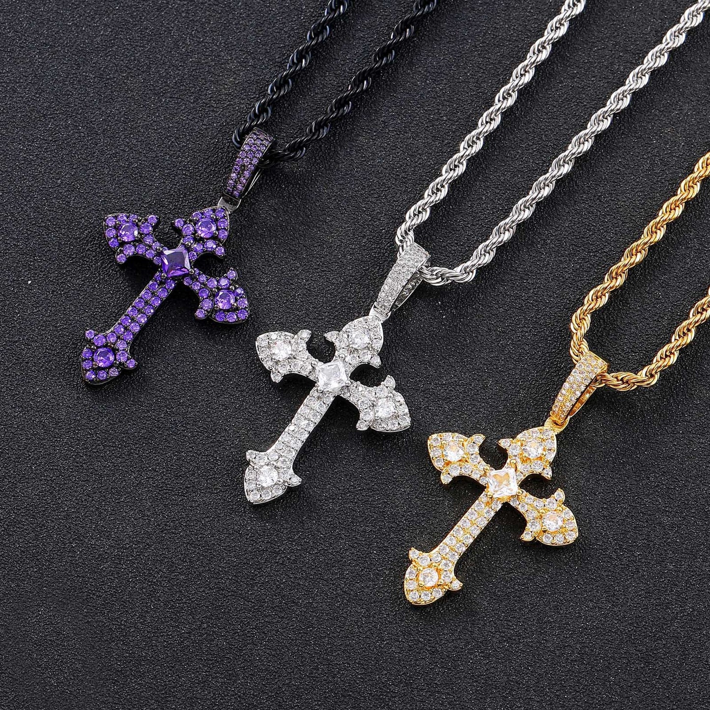 Hip Hop Vintage Cross Floral Copper Pendant Necklace for Men and Women