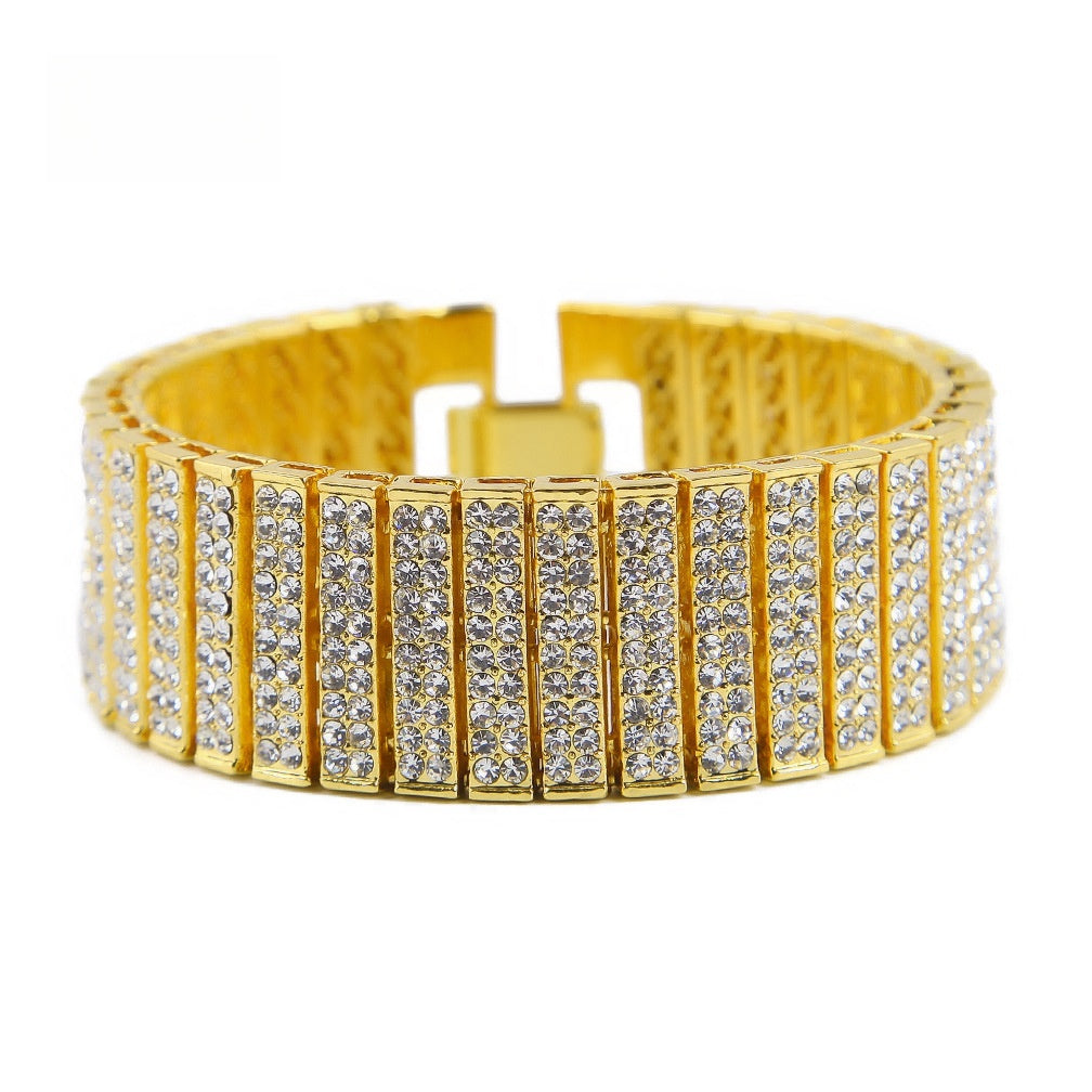 Unisex Gold Tone Iced Out Bracelet - Statement Rhinestone Line Cuff Bangle product image